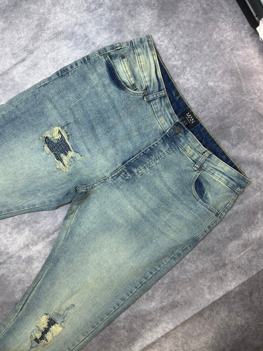 Biker Rip & Repair Stonewash Zip Hem Skinny Jeans