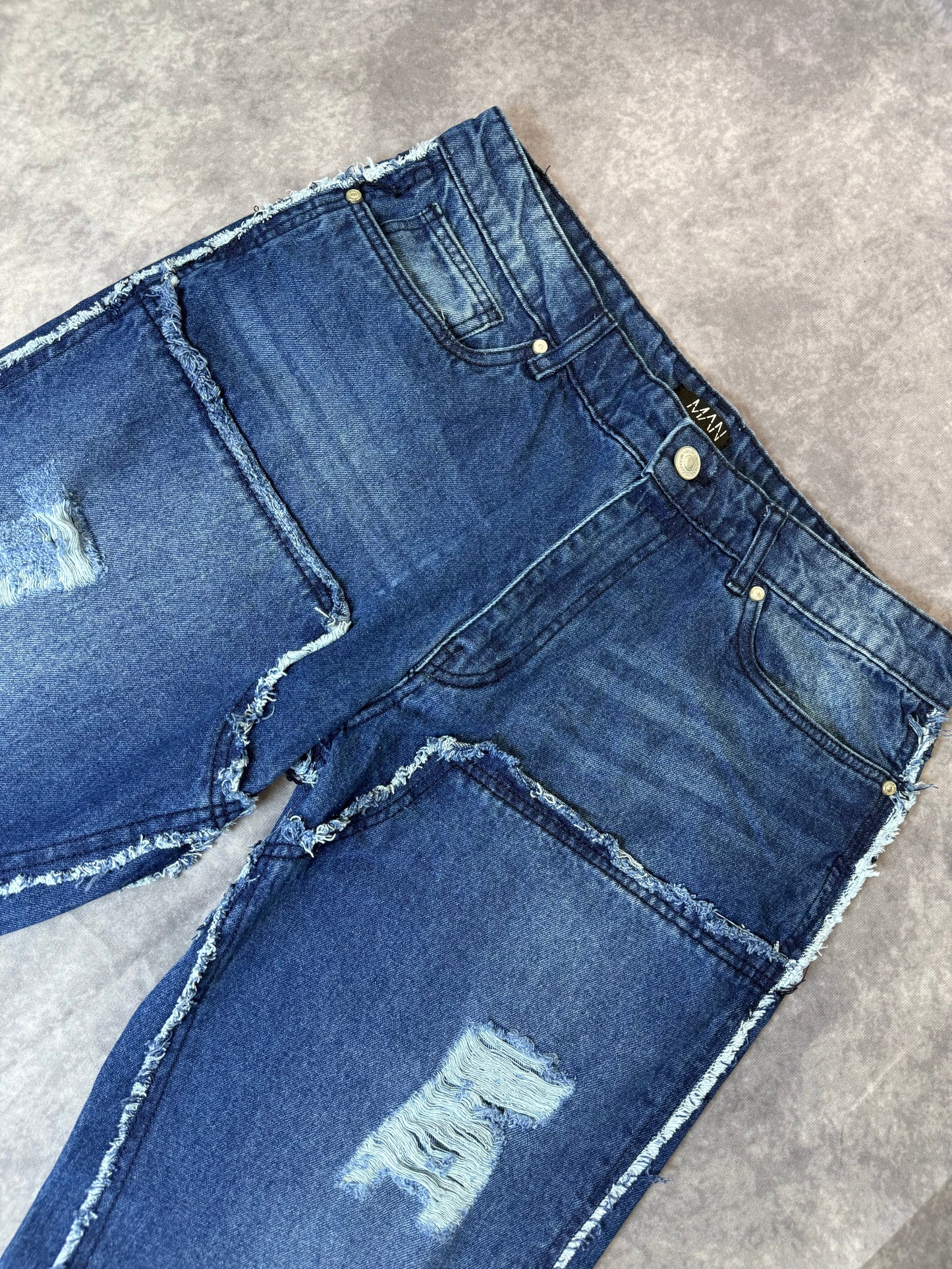 Raw Edge Rip & Repair Carpenter Panel Relaxed Fit Flared Jeans