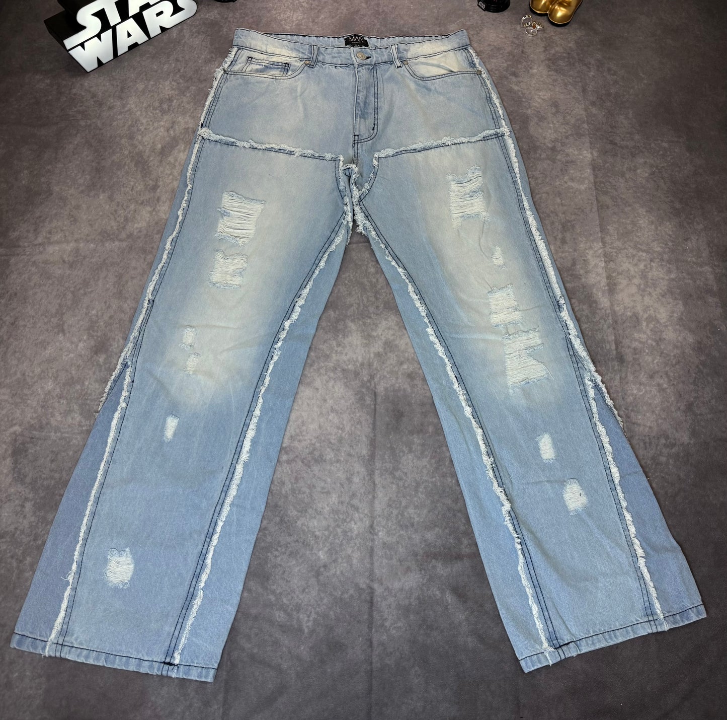 Tall Raw Edge Rip & Repair Carpenter Panel Relaxed Fit Flared Jeans