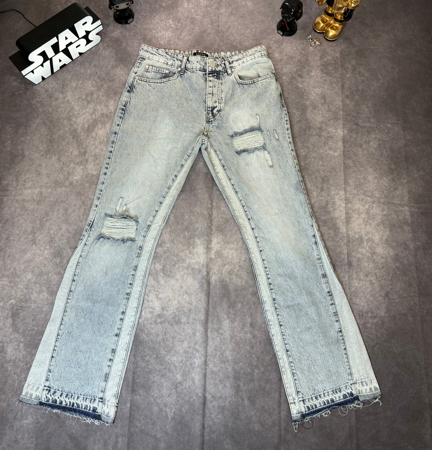 Slim Flare Washed Distressed Gusset Panel Jeans