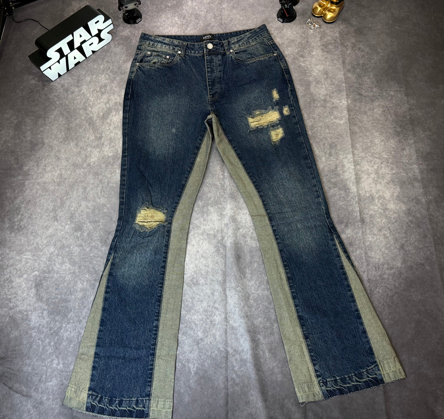 Tall Slim Rigid Flare Distressed Gusset Panel Acid Washed Jeans
