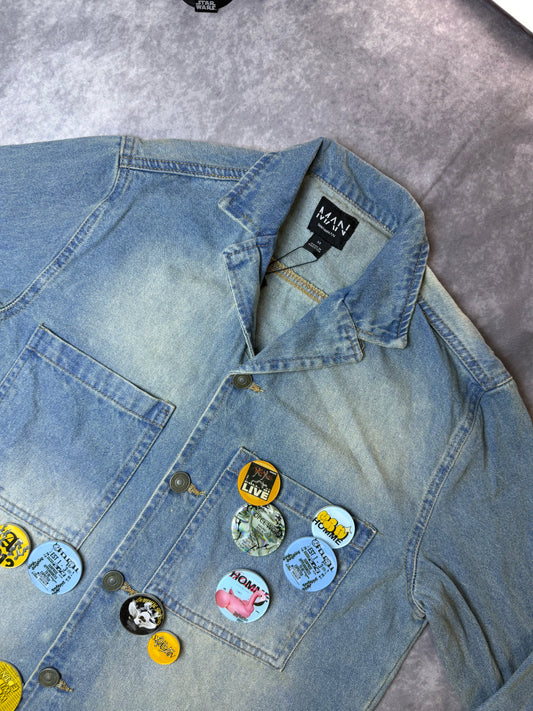 Badge Detail Antique Blue Revere Collar Denim Shirt Jacket