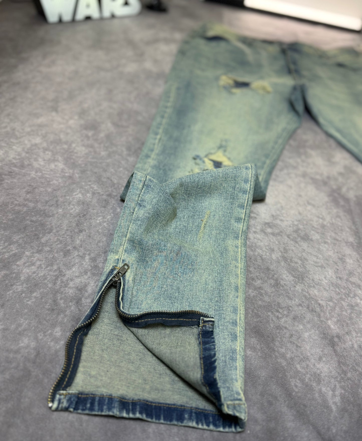 Biker Rip & Repair Stonewash Zip Hem Skinny Jeans