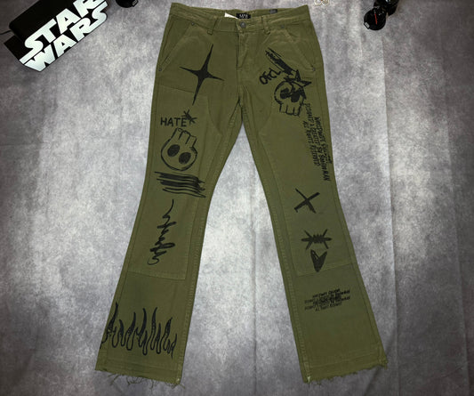 Fixed Waist Slim Flare Twill Laser Printed Carpenter Pants