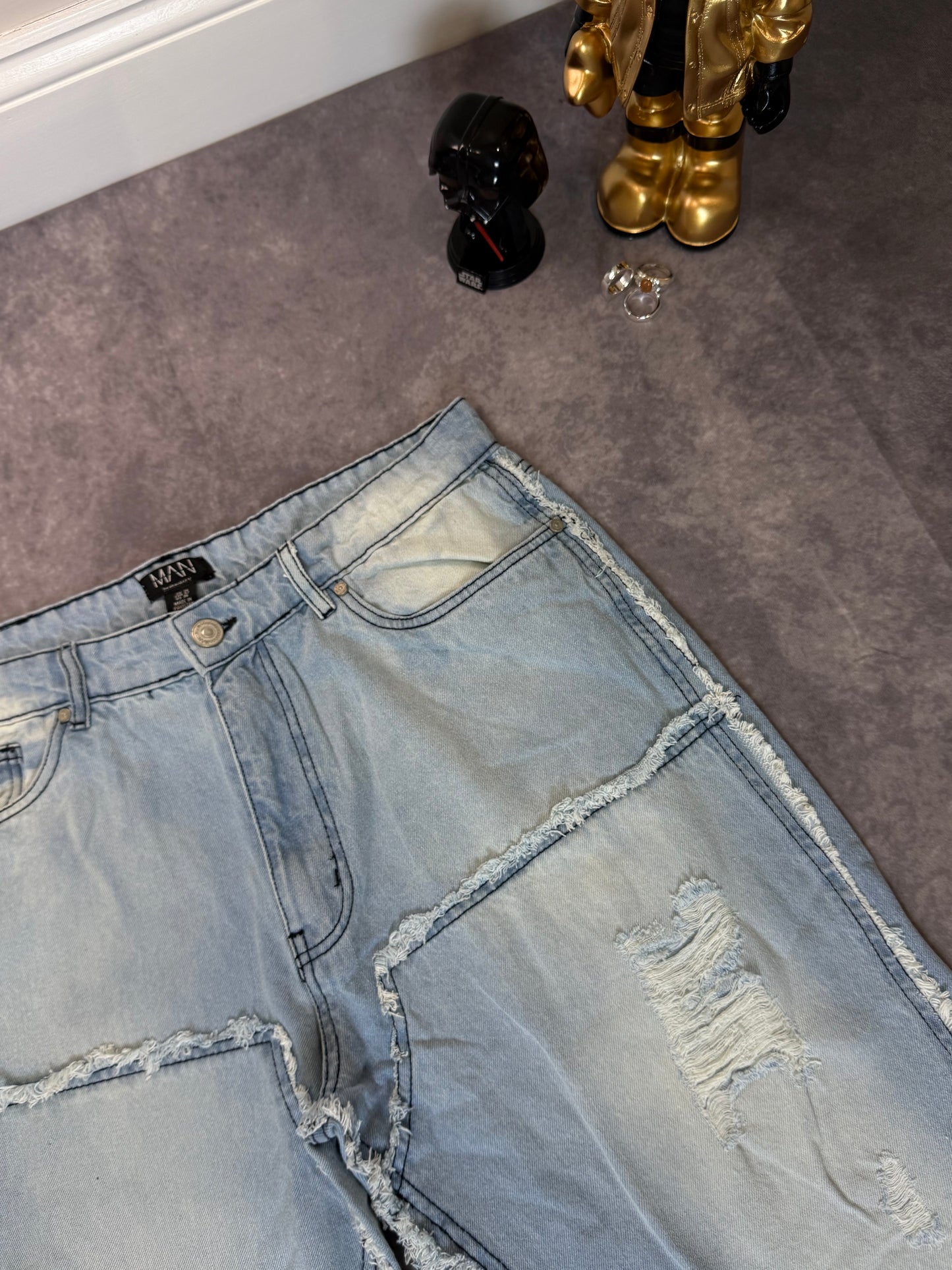 Tall Raw Edge Rip & Repair Carpenter Panel Relaxed Fit Flared Jeans