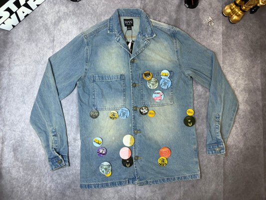 Badge Detail Antique Blue Revere Collar Denim Shirt Jacket