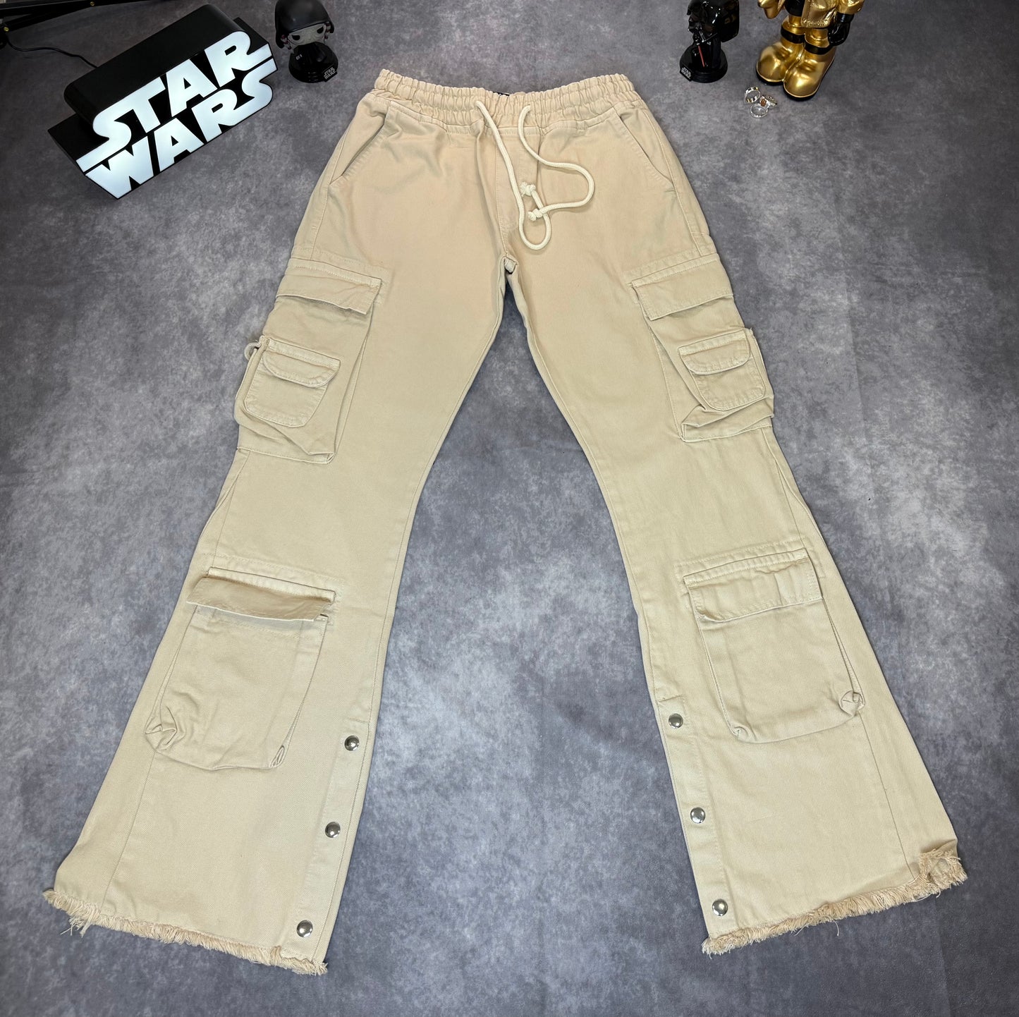Popper Hem Multi Cargo Pocket Relaxed Fit Flared Jeans