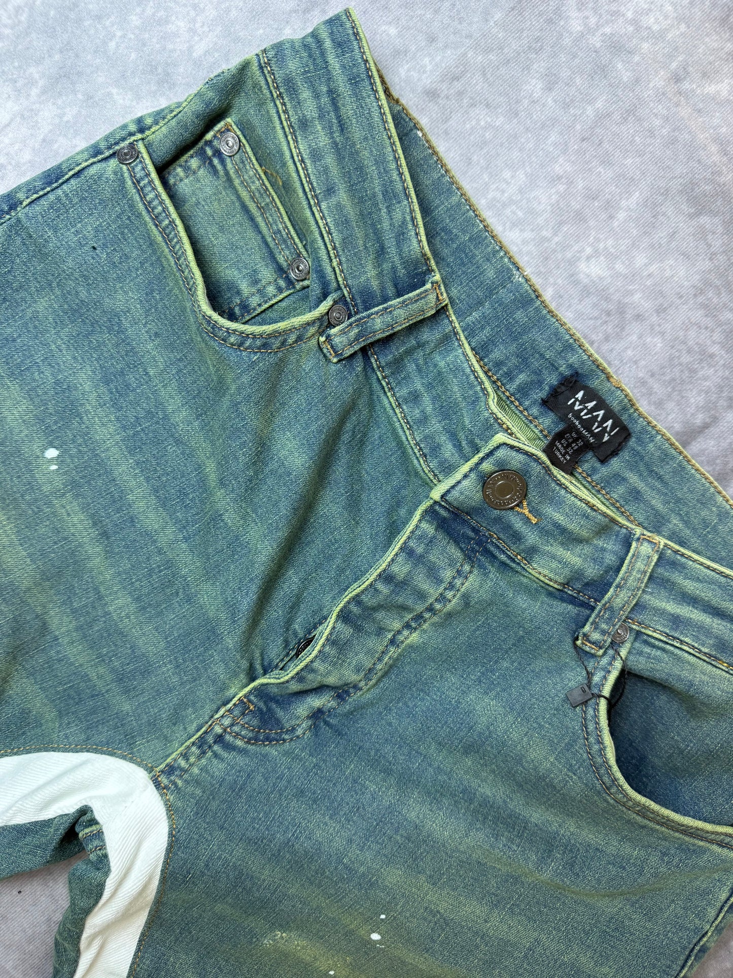 Skinny Stretch Ripped Paint Splat Gusset Jeans