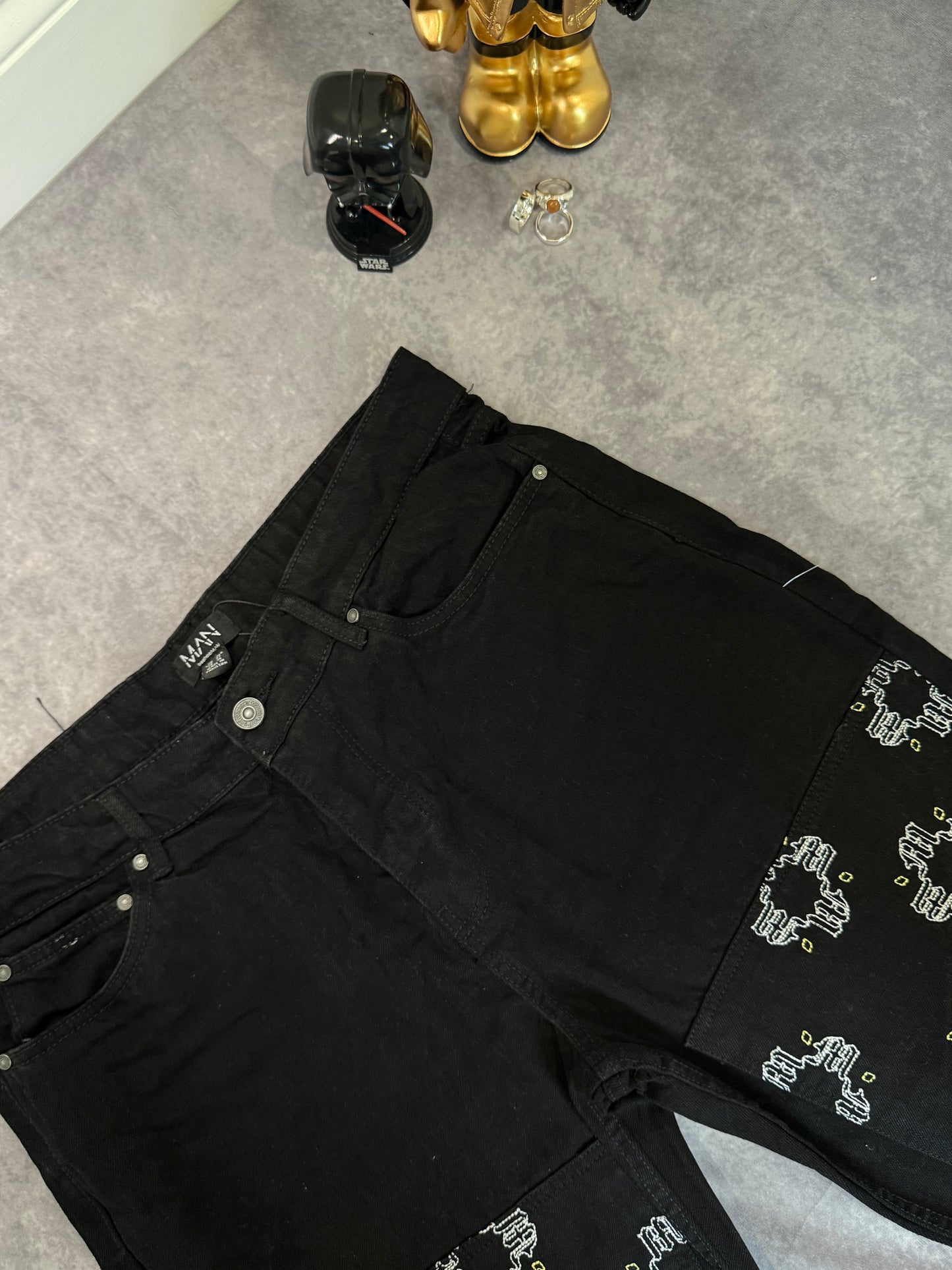Straight Leg Floral Embroidered Carpenter Jeans