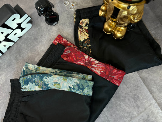 Men Straight Leg Casual Pants With Floral Jacquard Side Panel