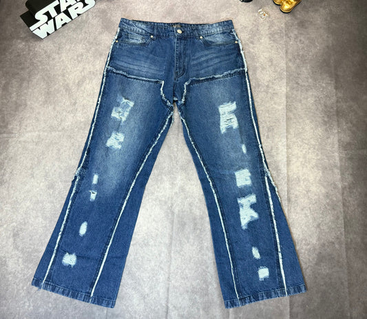 Raw Edge Rip & Repair Carpenter Panel Relaxed Fit Flared Jeans