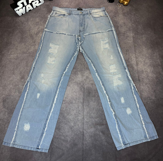 Tall Raw Edge Rip & Repair Carpenter Panel Relaxed Fit Flared Jeans