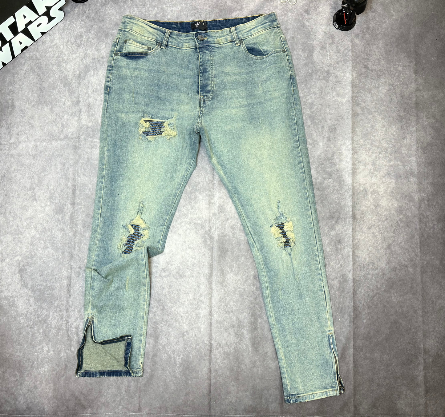 Biker Rip & Repair Stonewash Zip Hem Skinny Jeans