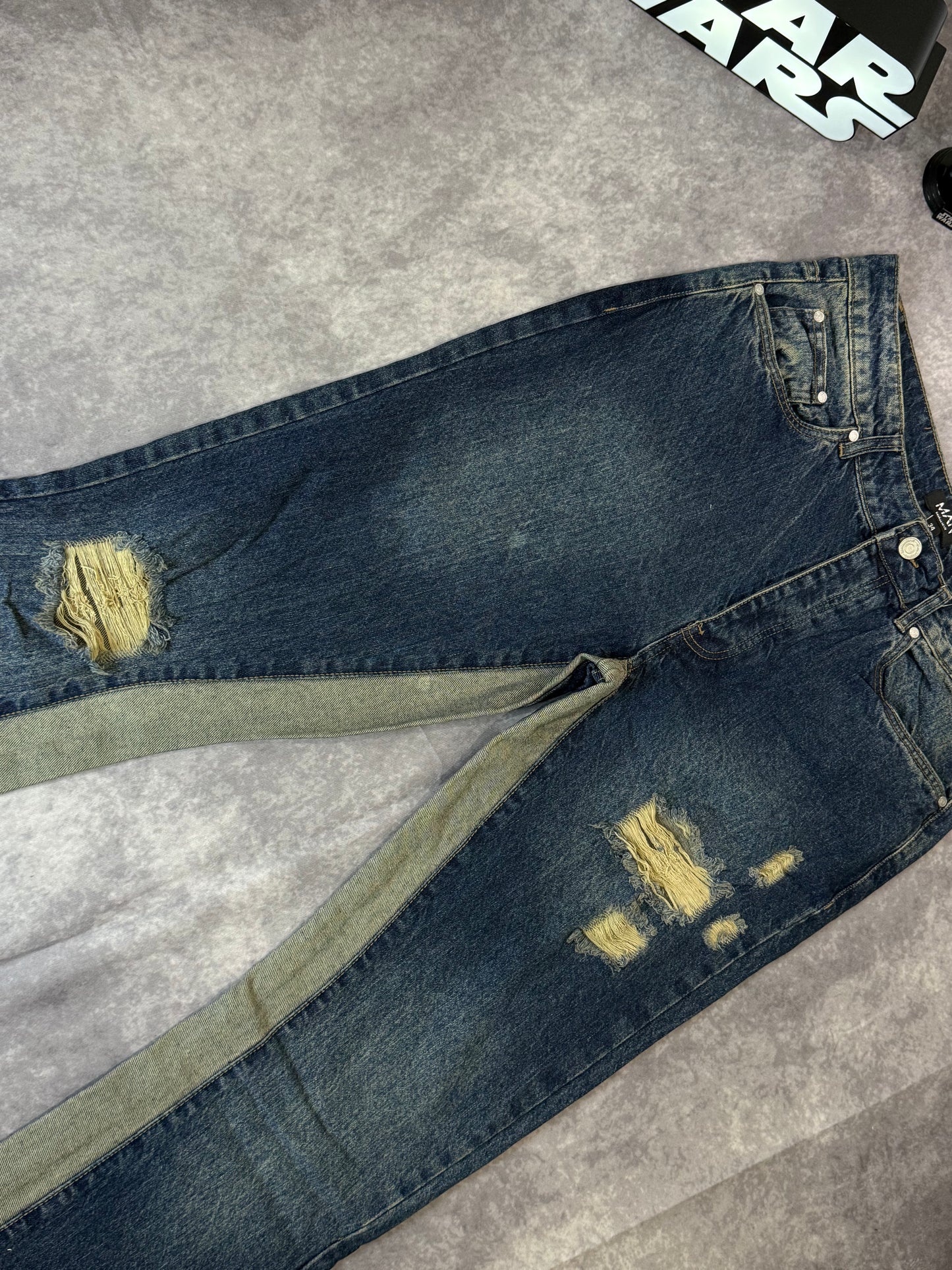 Tall Slim Rigid Flare Distressed Gusset Panel Acid Washed Jeans