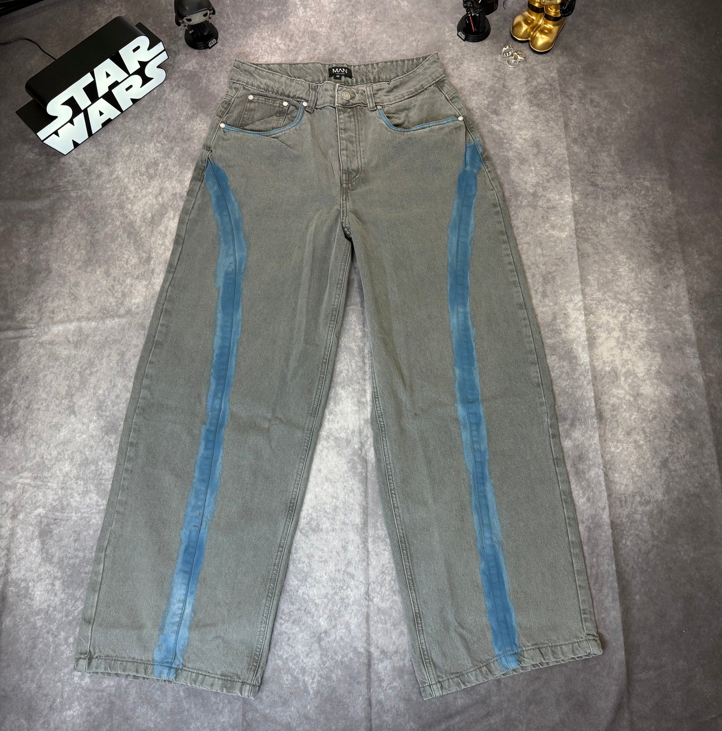 Baggy Rigid Bleached Seam Detail Denim Jeans