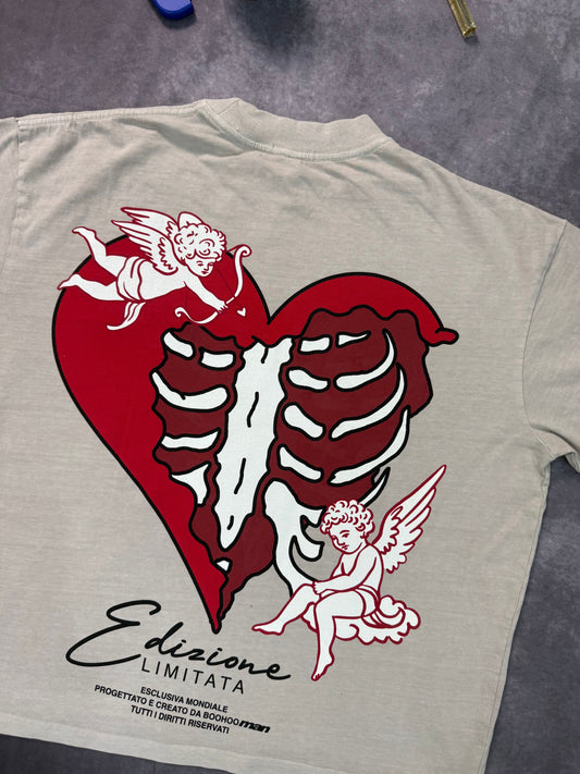 Oversized Boxy Extended Neck MAN Skeleton Heart Print T-Shirt